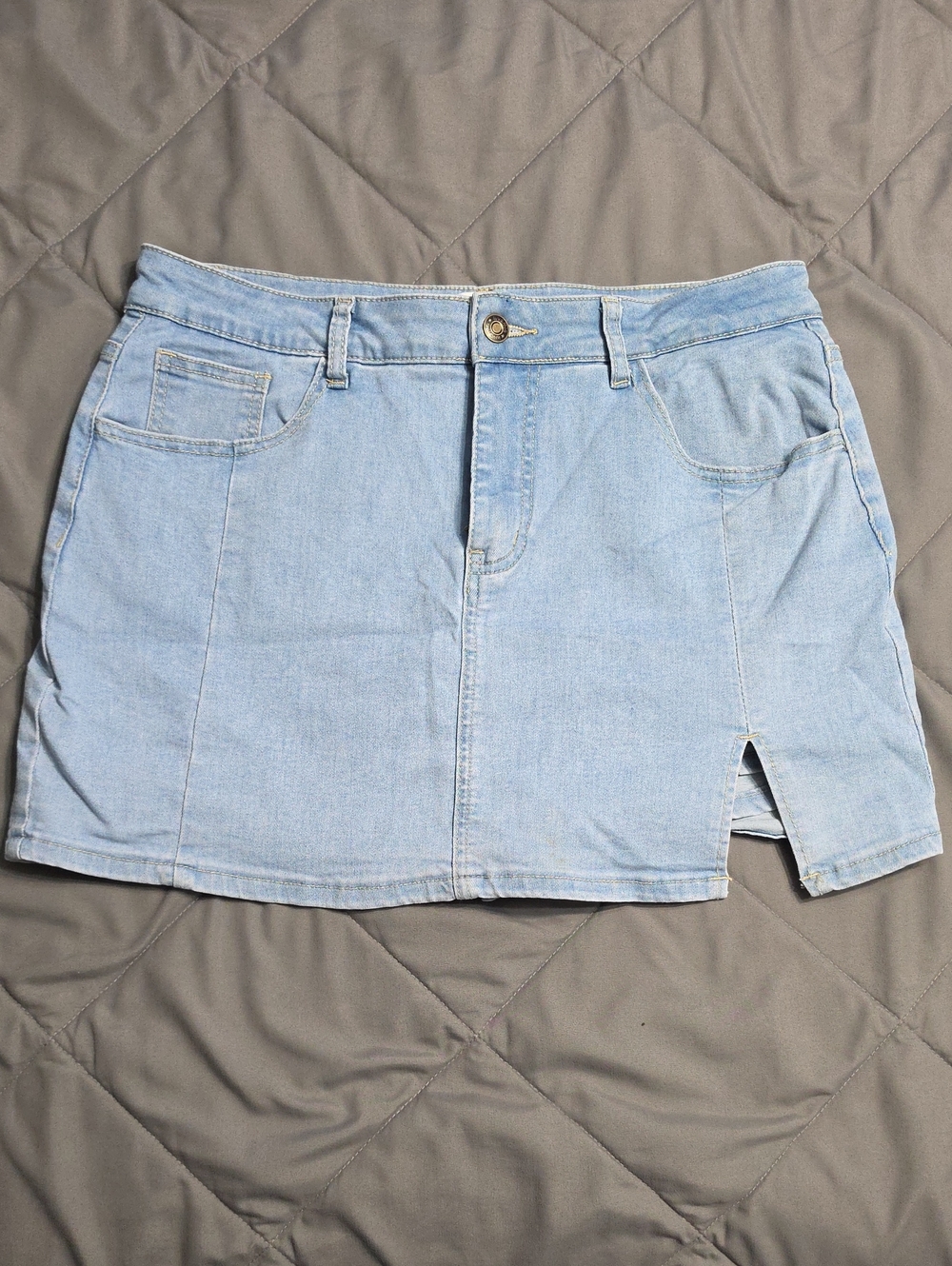 Light Wash Denim Mini Skirt with Front Slit